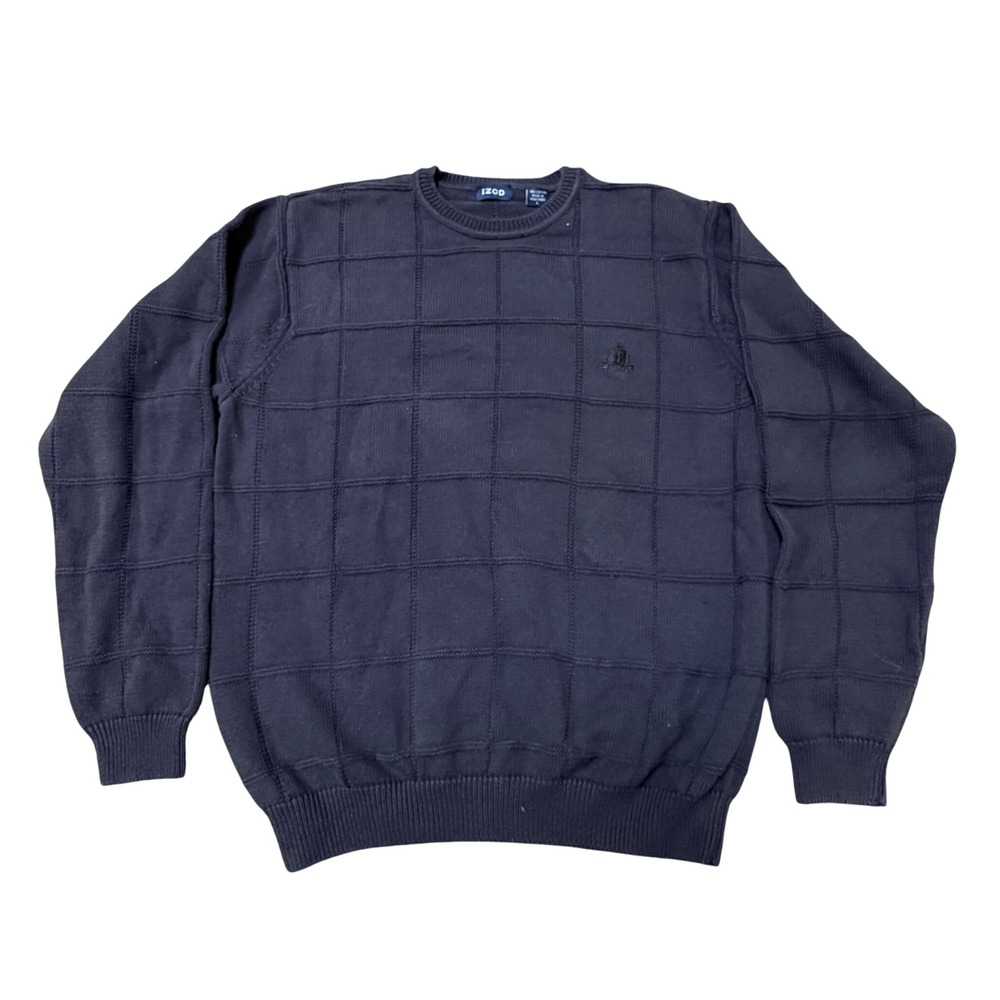IZOD Navy Grid‎ Knit Sweater Mens Large 100% Cotton Crewneck